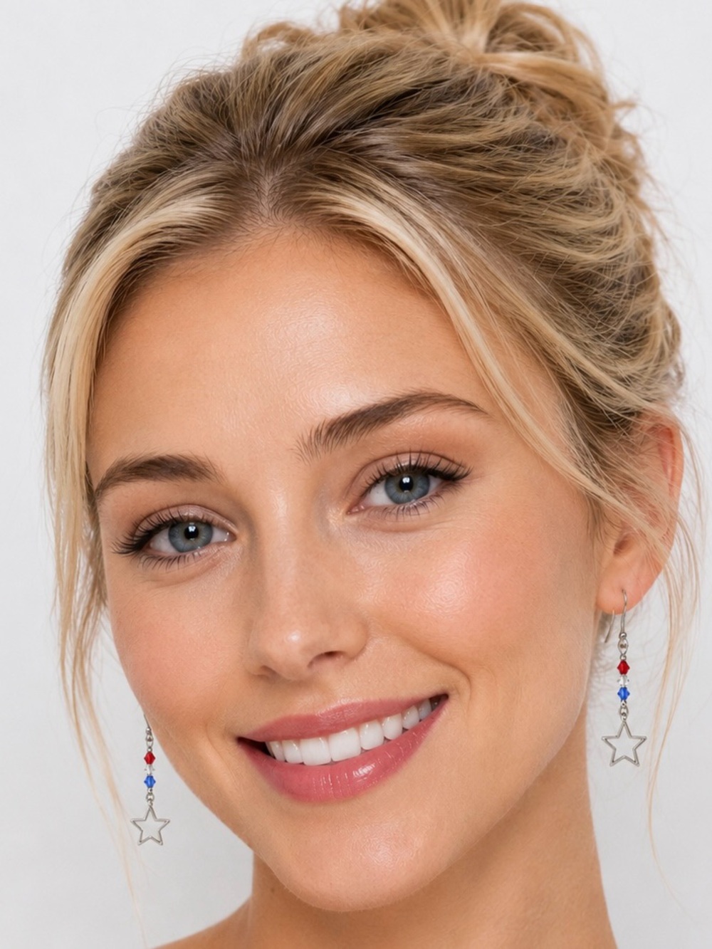 Silver Star Earrings with Red, Clear & Blue Crystal Beads